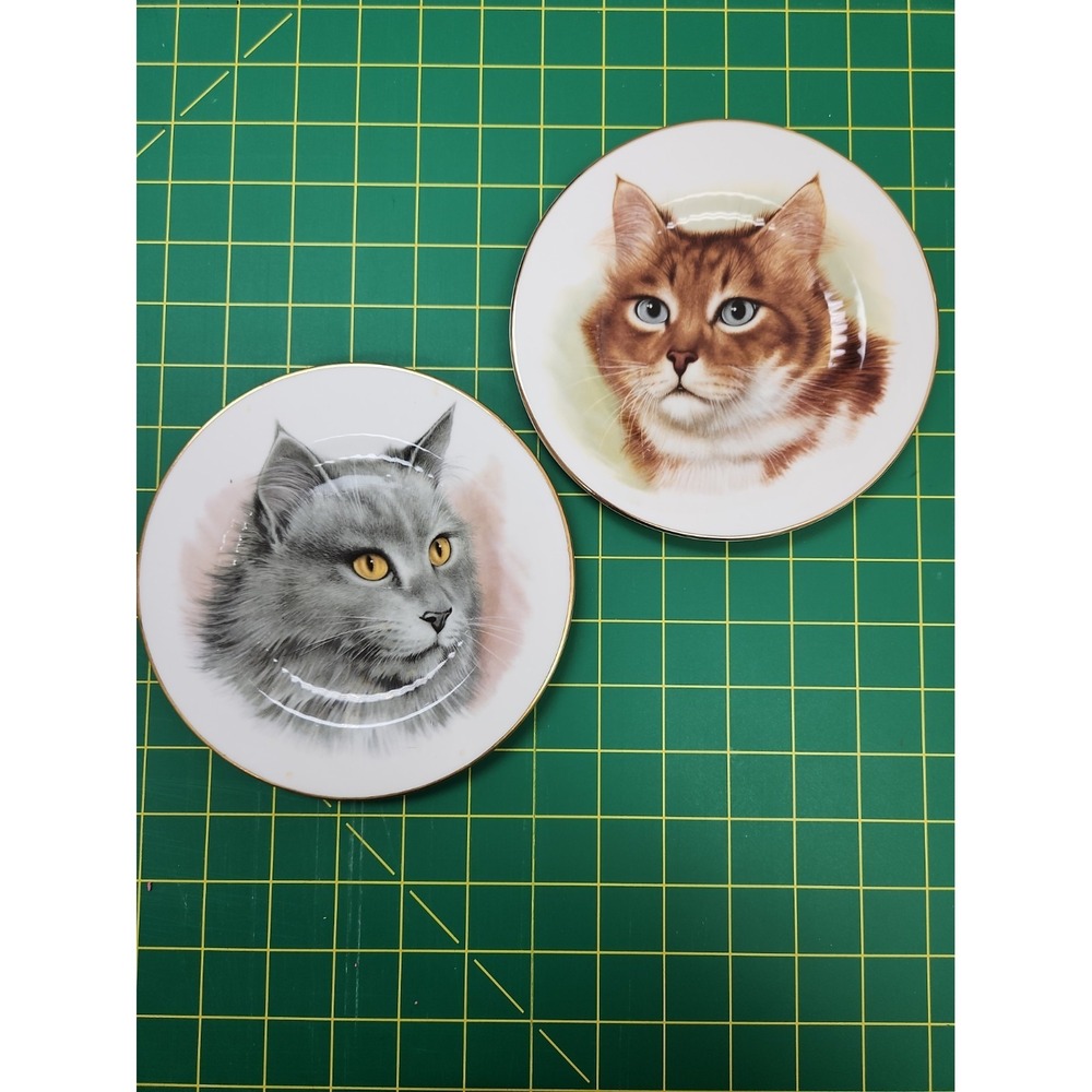 Set of 2 Royal Adderley 6.5" Bone China Gold Cat Plates England Vintage Flawed